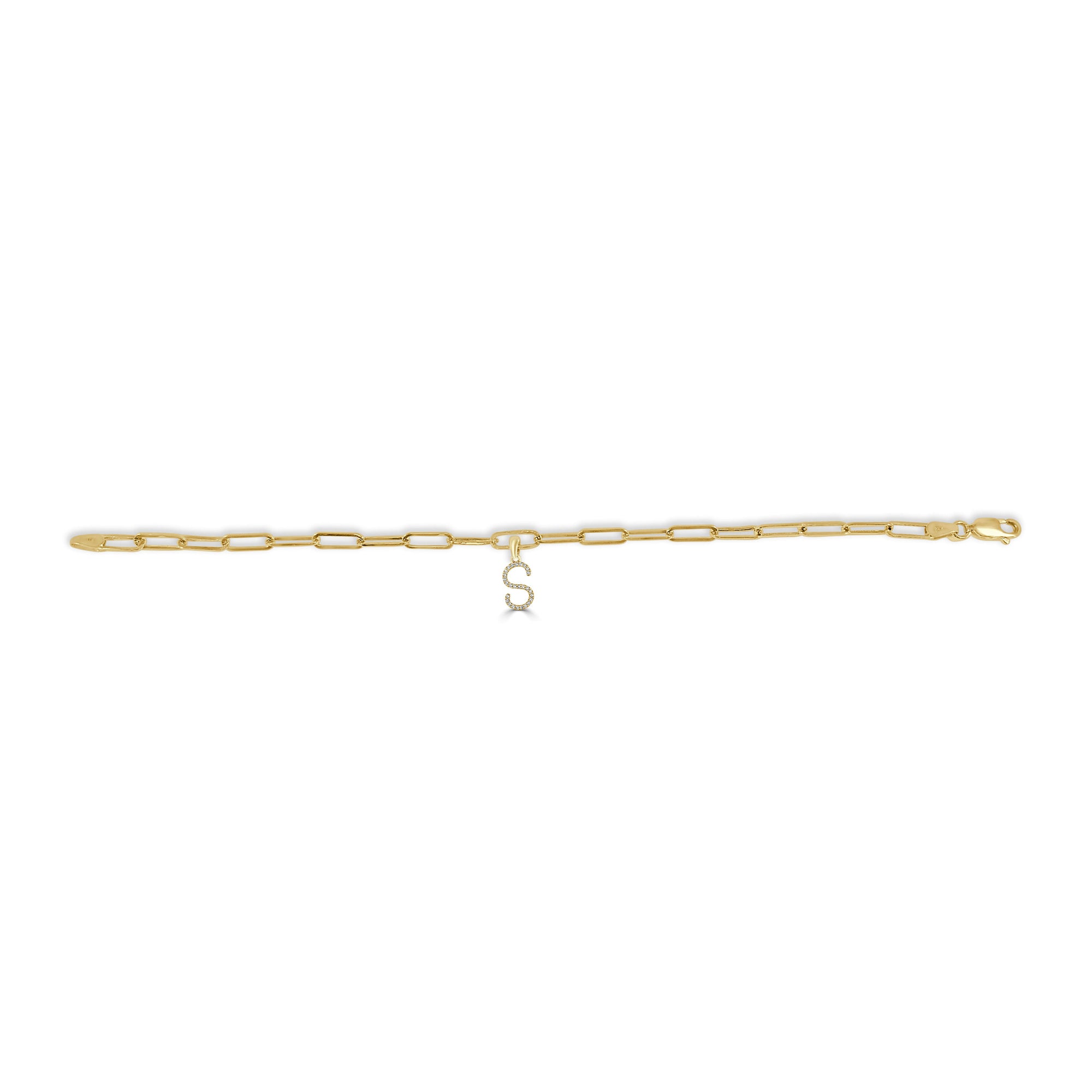 14K Yellow Gold Paperclip Link Diamond Initial Bracelet - S