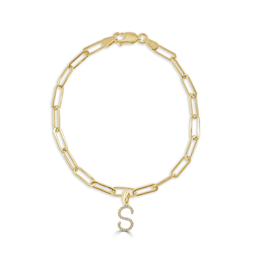 14K Yellow Gold Paperclip Link Diamond Initial Bracelet - S