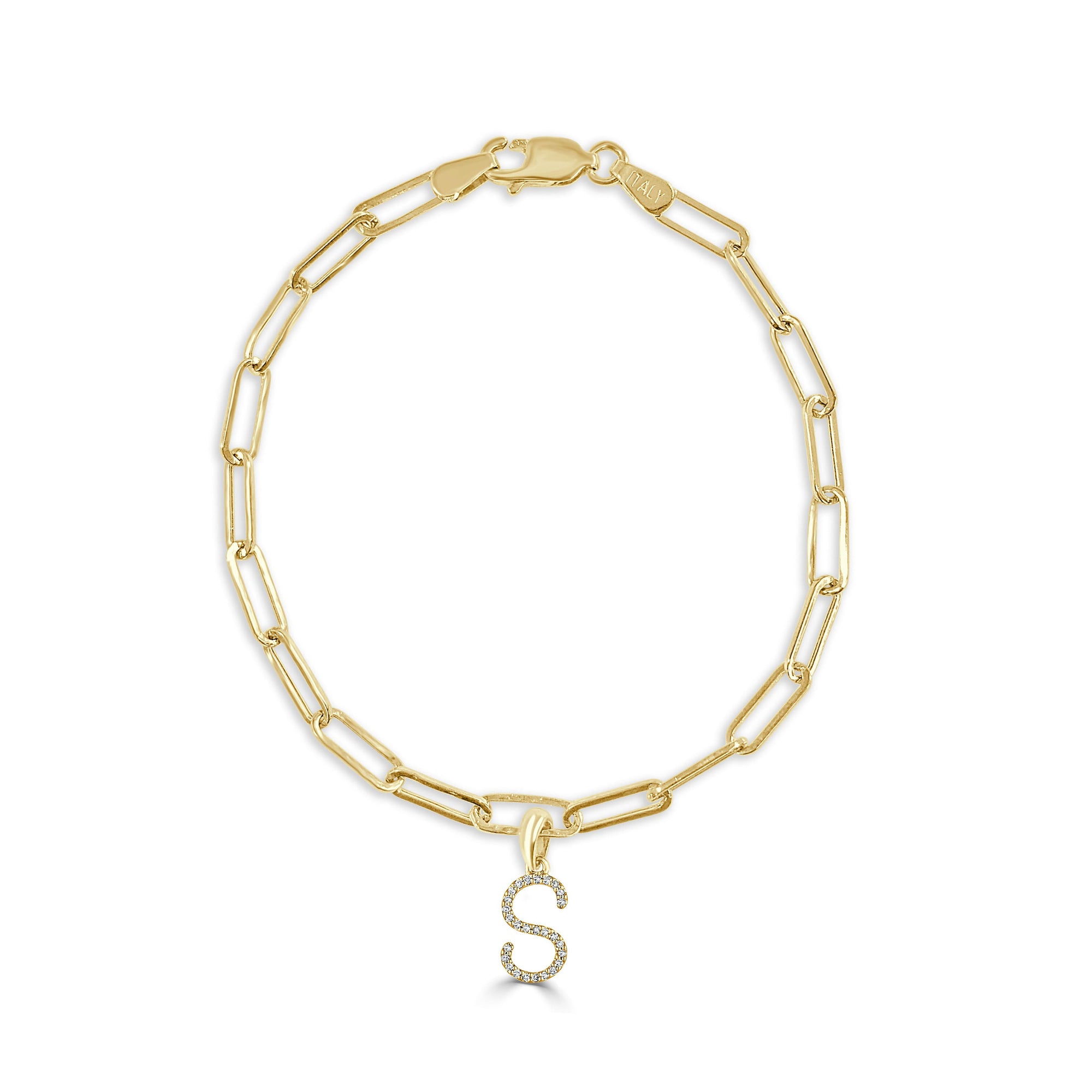 14K Yellow Gold Paperclip Link Diamond Initial Bracelet - S