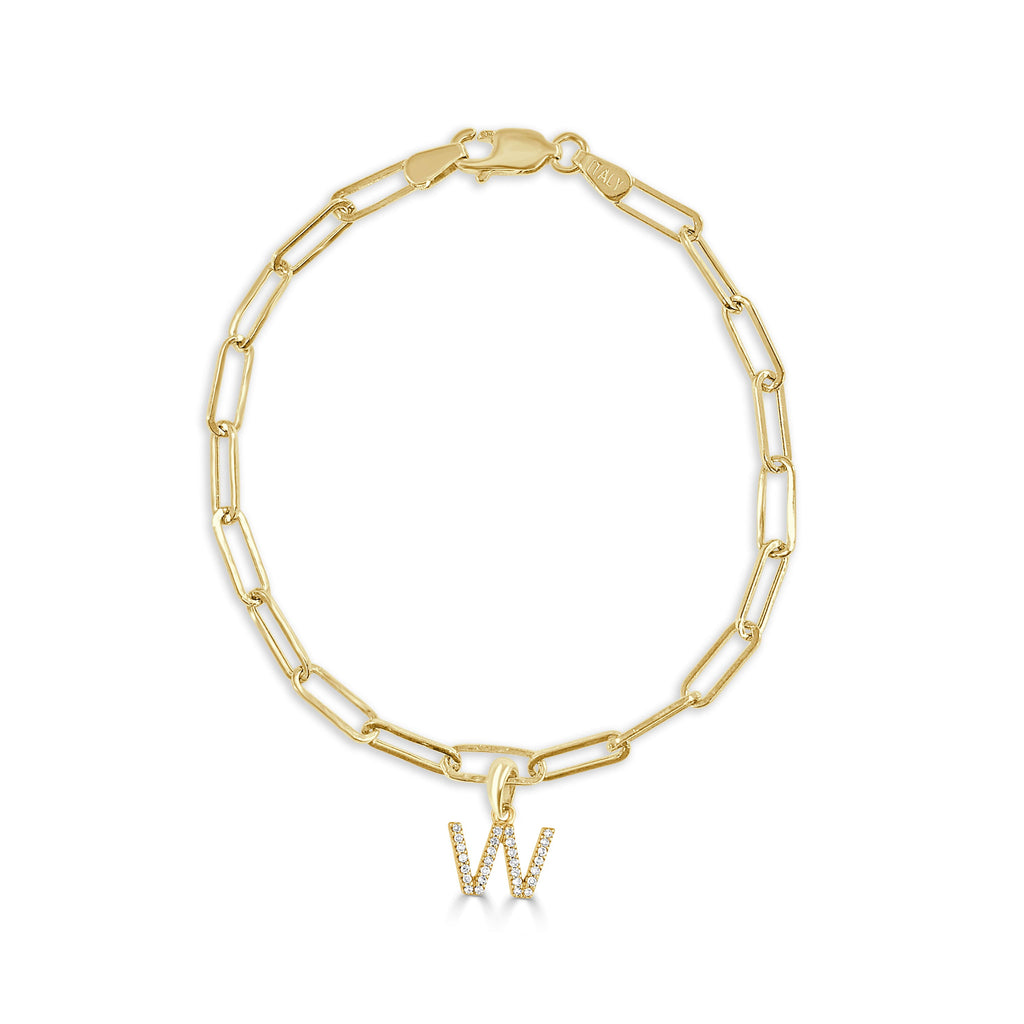 14K Yellow Gold Paperclip Link Diamond Initial Bracelet - W