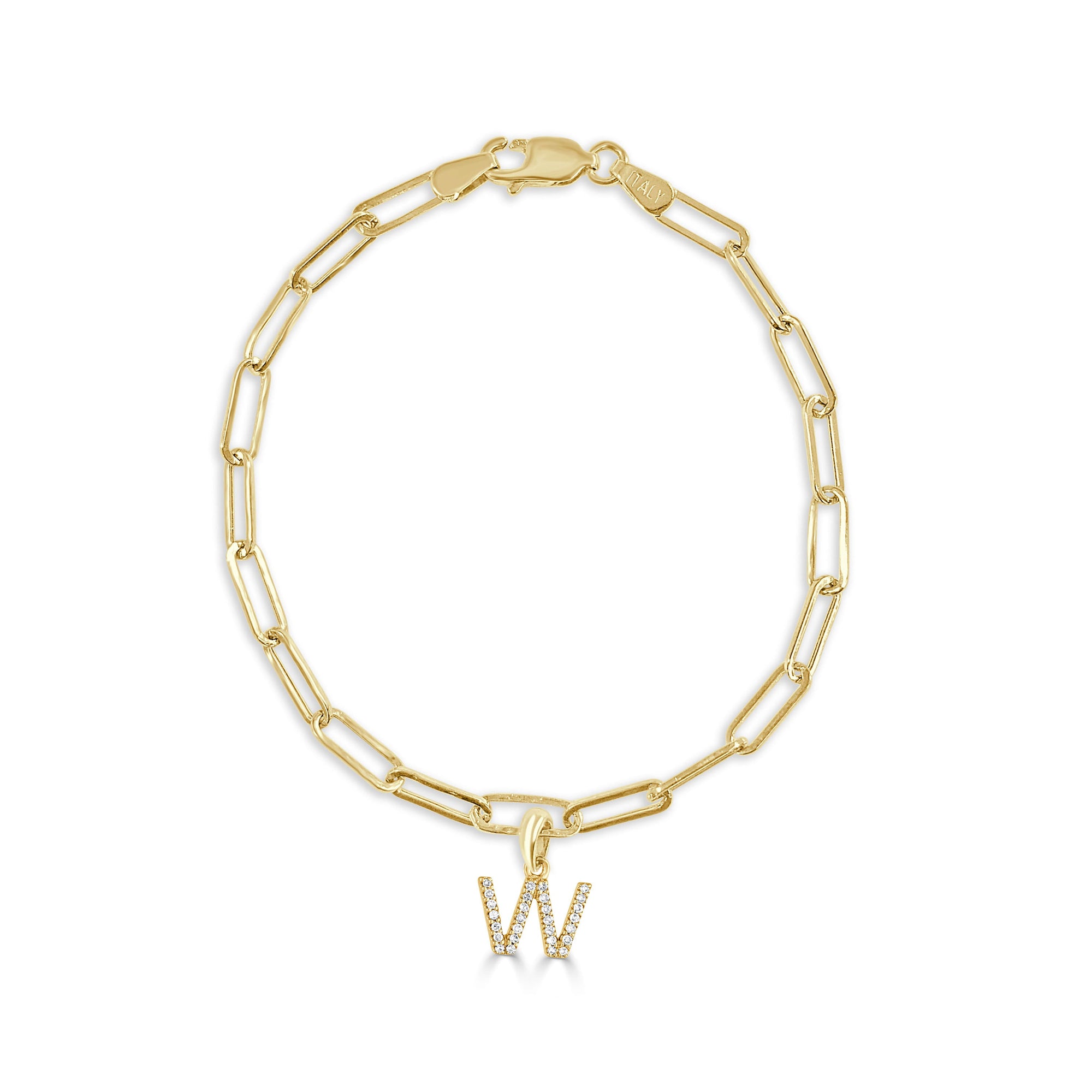 14K Yellow Gold Paperclip Link Diamond Initial Bracelet - W