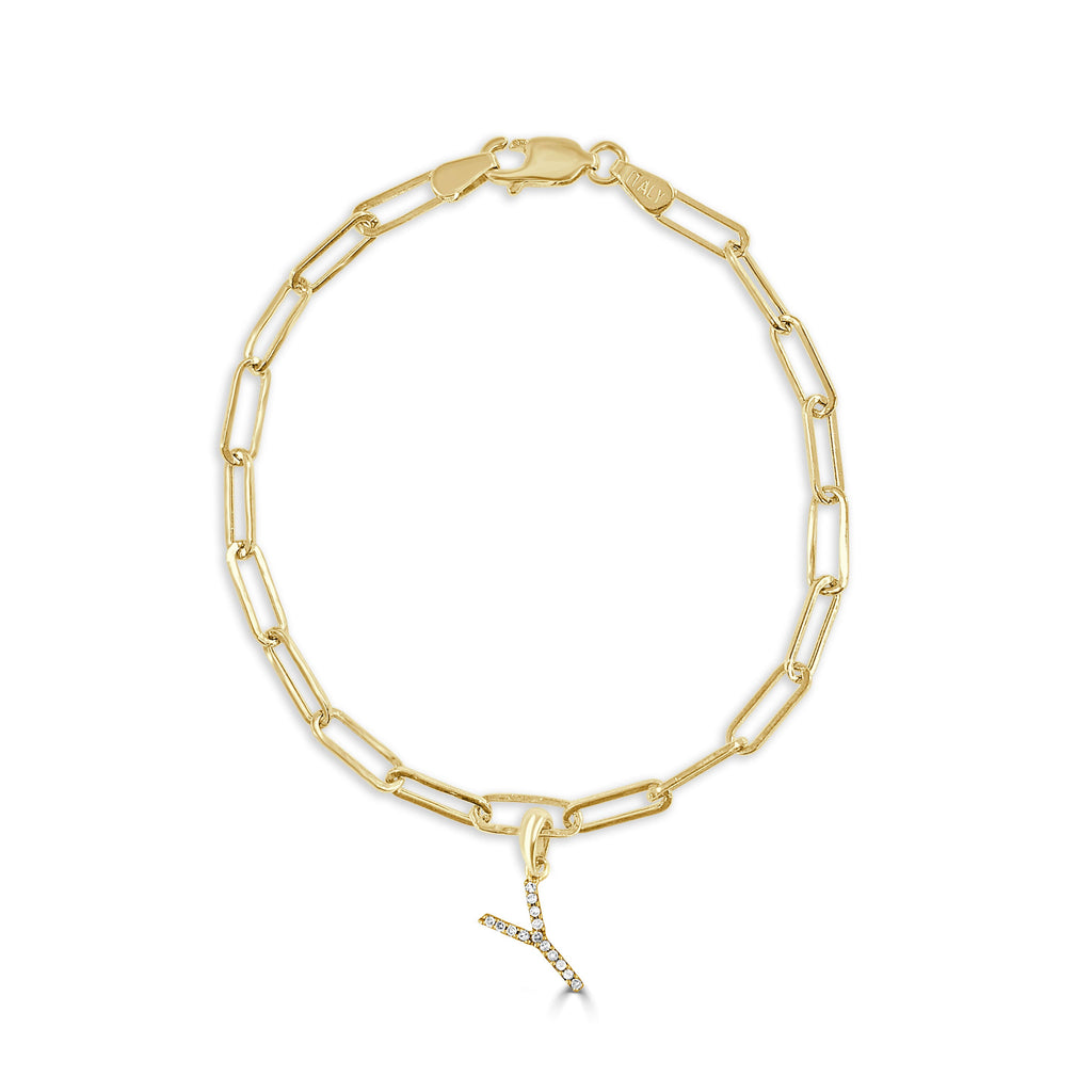 14K Yellow Gold Paperclip Link Diamond Initial Bracelet - Y