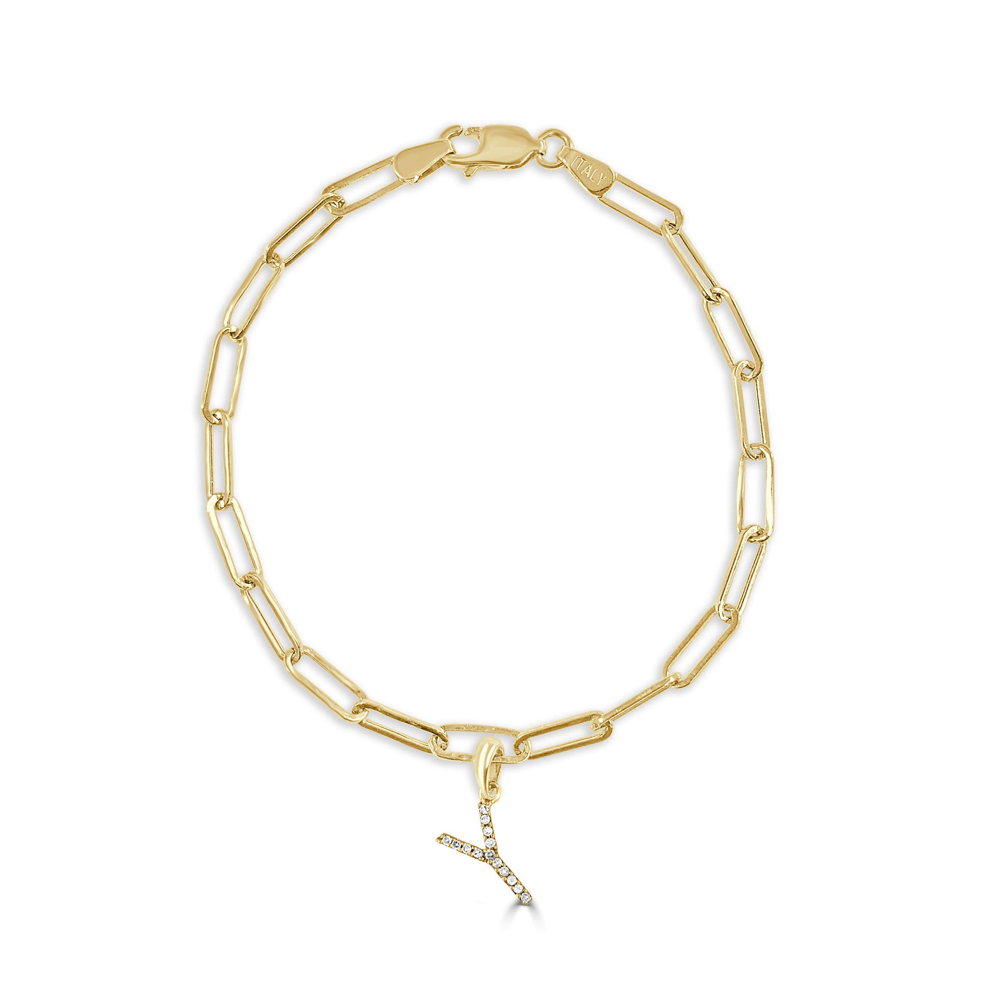 14K Yellow Gold Paperclip Link Diamond Initial Bracelet - Y