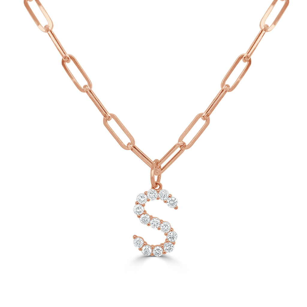 14K Gold & Diamond Initial Pendant Necklace-Rose-S