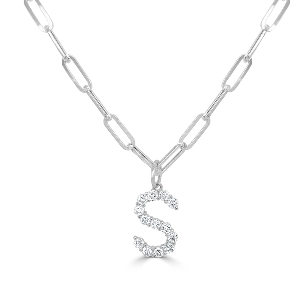 14K Gold & Diamond Initial Pendant Necklace-WHITE-S