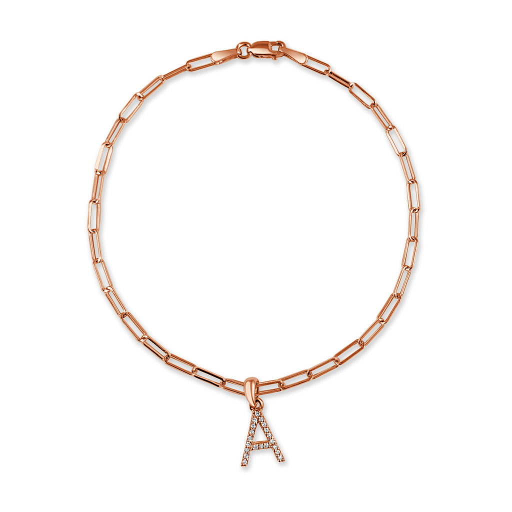 14K Gold Diamond Initial Paperclip Link Bracelet -A