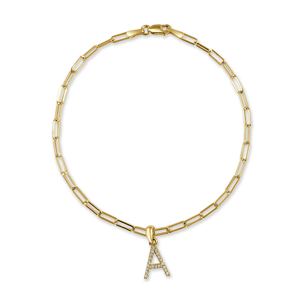 14K Gold Diamond Initial Paperclip Link Bracelet -A