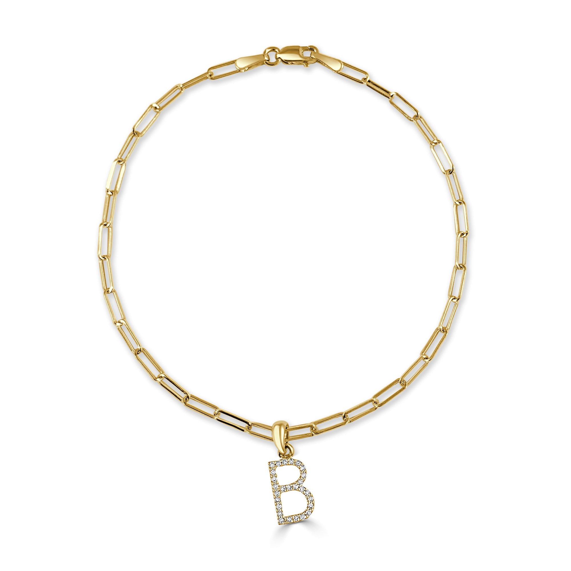 14K Gold Diamond Initial Paperclip Link Bracelet -B
