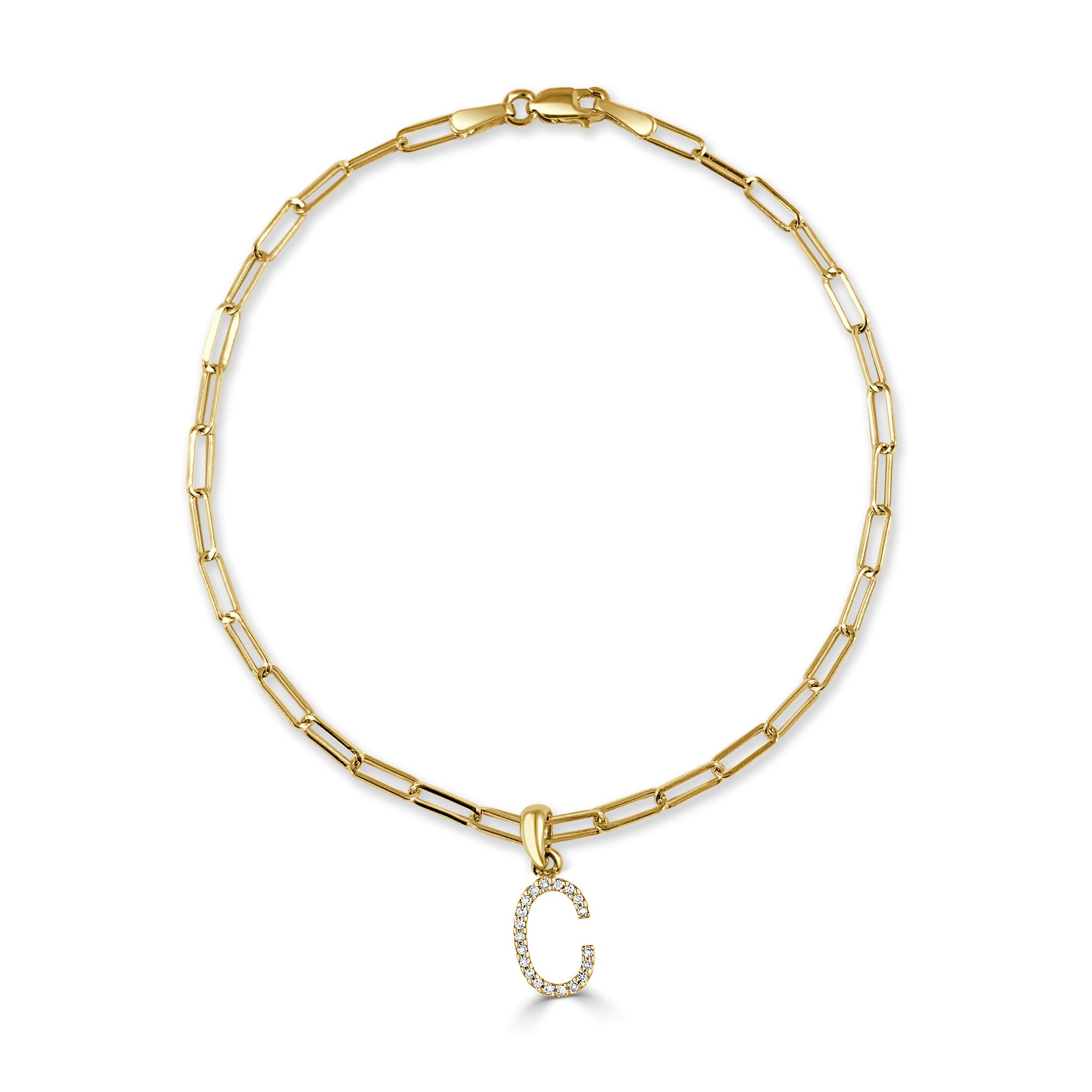 14K Gold Diamond Initial Paperclip Link Bracelet -C