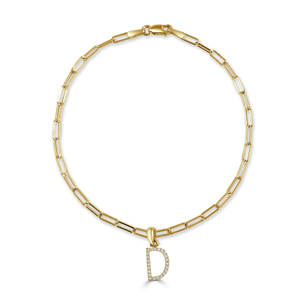14K Gold Diamond Initial Paperclip Link Bracelet -D
