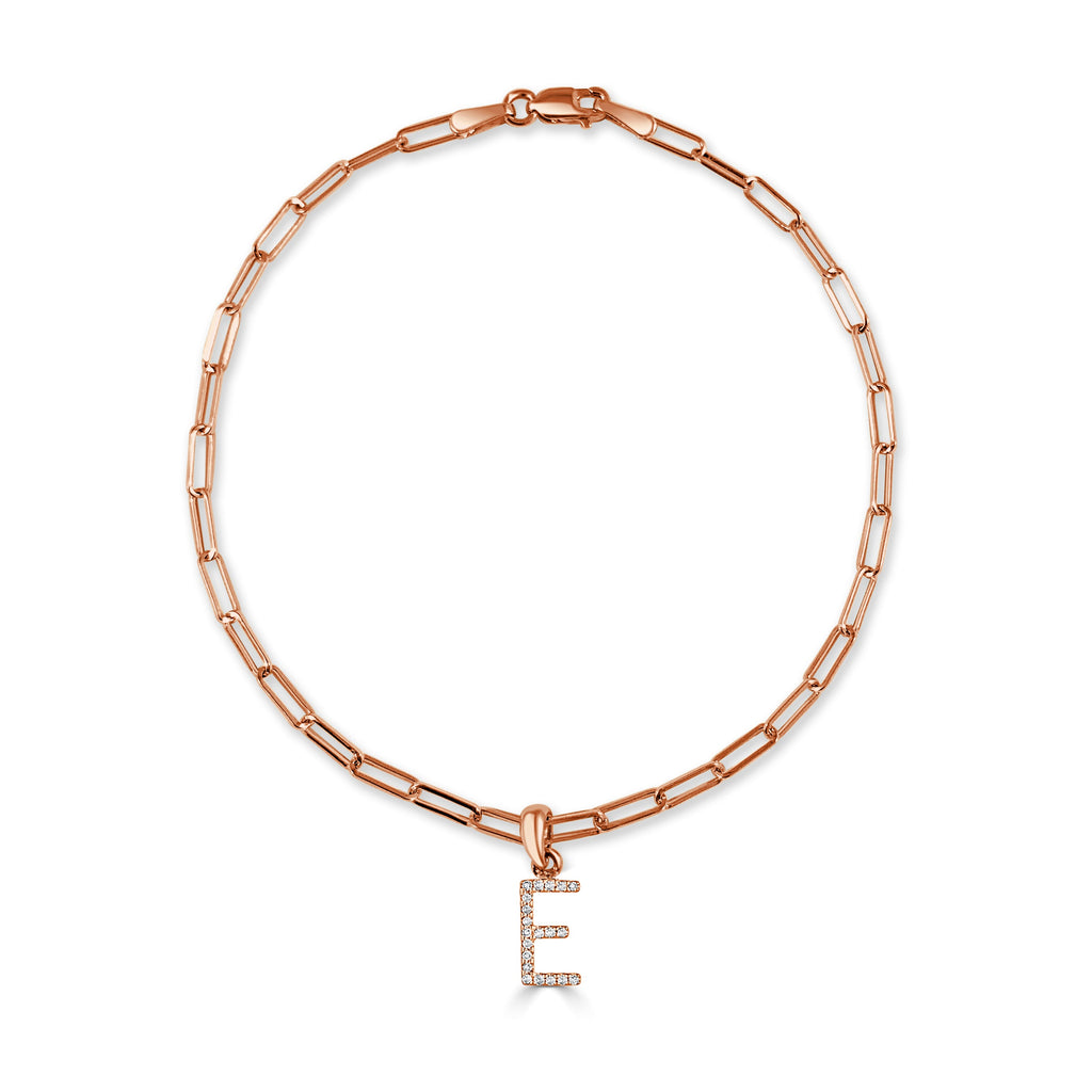 14K Gold Diamond Initial Paperclip Link Bracelet -E