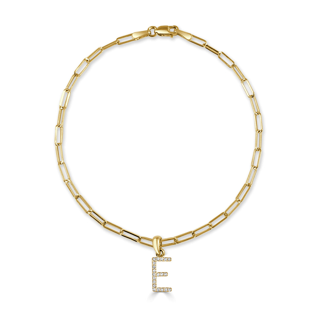 14K Gold Diamond Initial Paperclip Link Bracelet -E