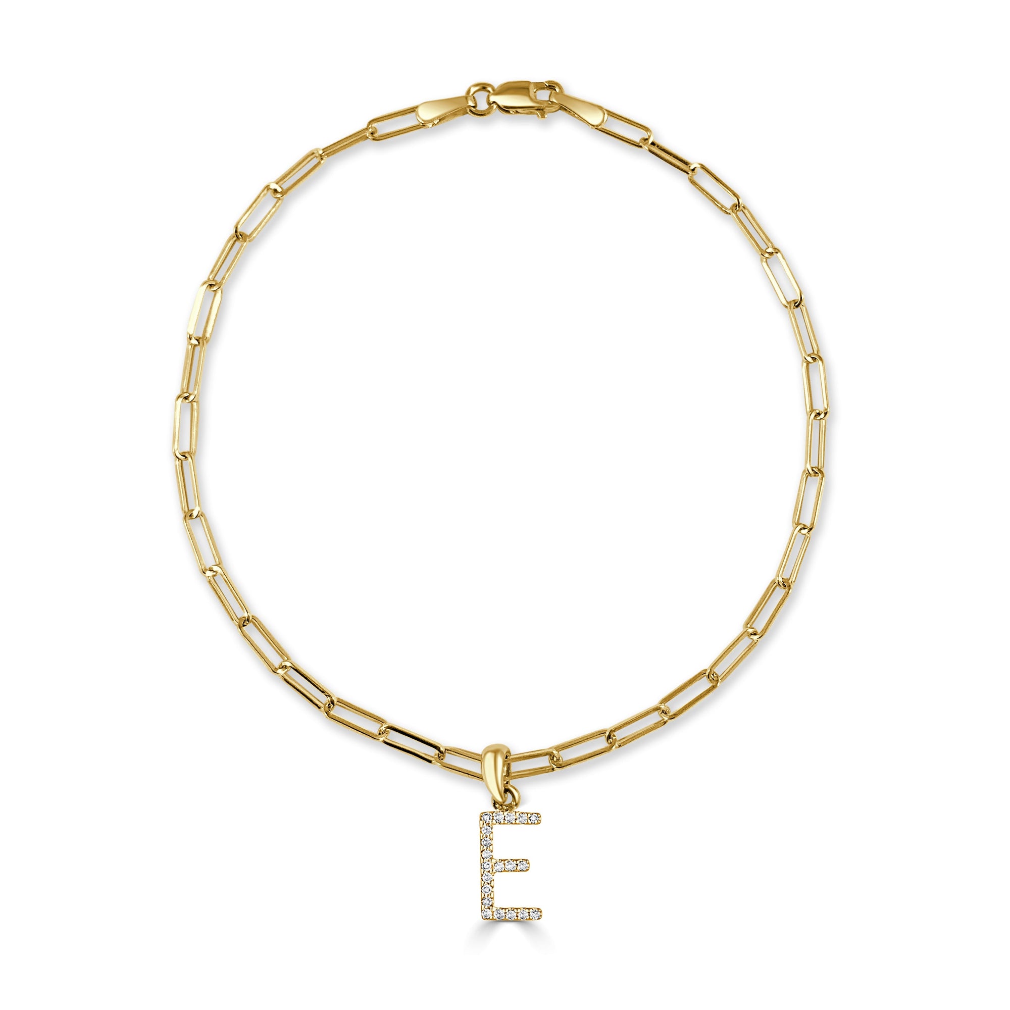 14K Gold Diamond Initial Paperclip Link Bracelet -E