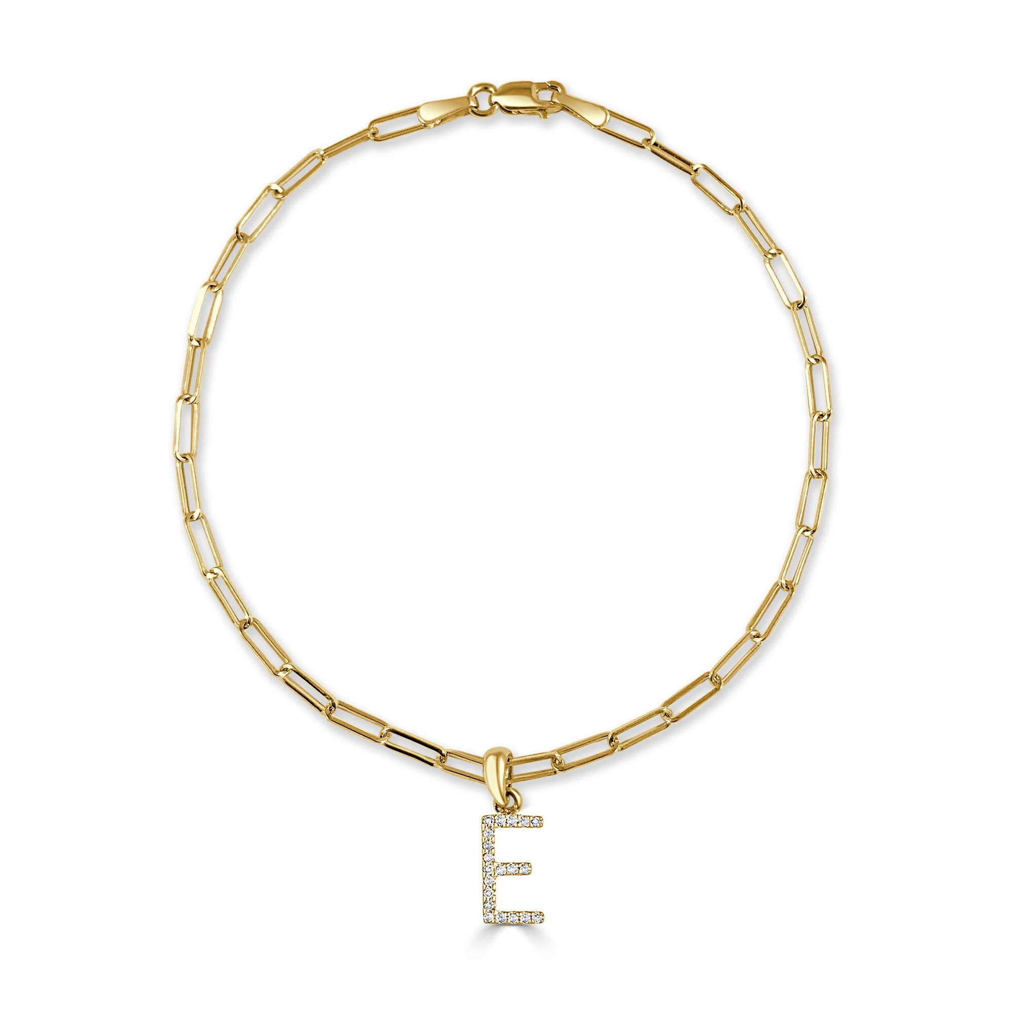 14K Gold Diamond Initial Paperclip Link Bracelet -E