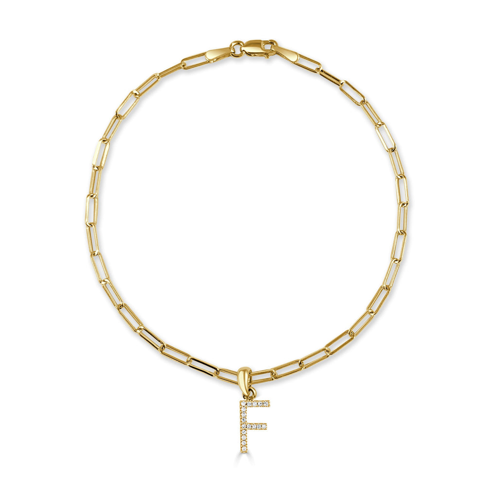 14K Gold Diamond Initial Paperclip Link Bracelet -F