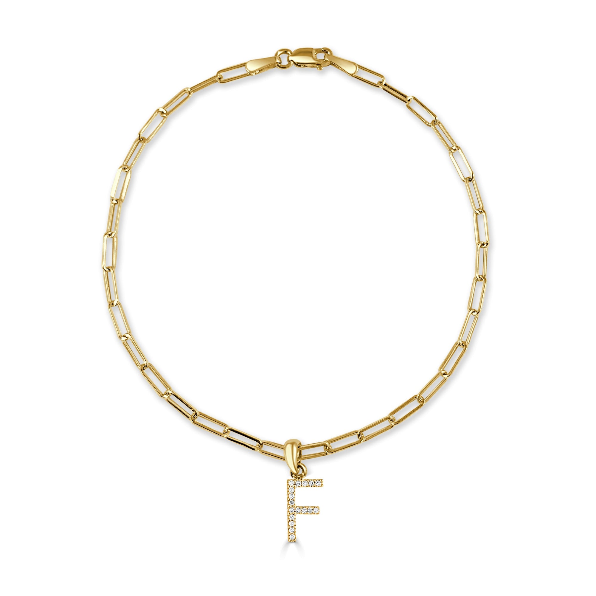 14K Gold Diamond Initial Paperclip Link Bracelet -F