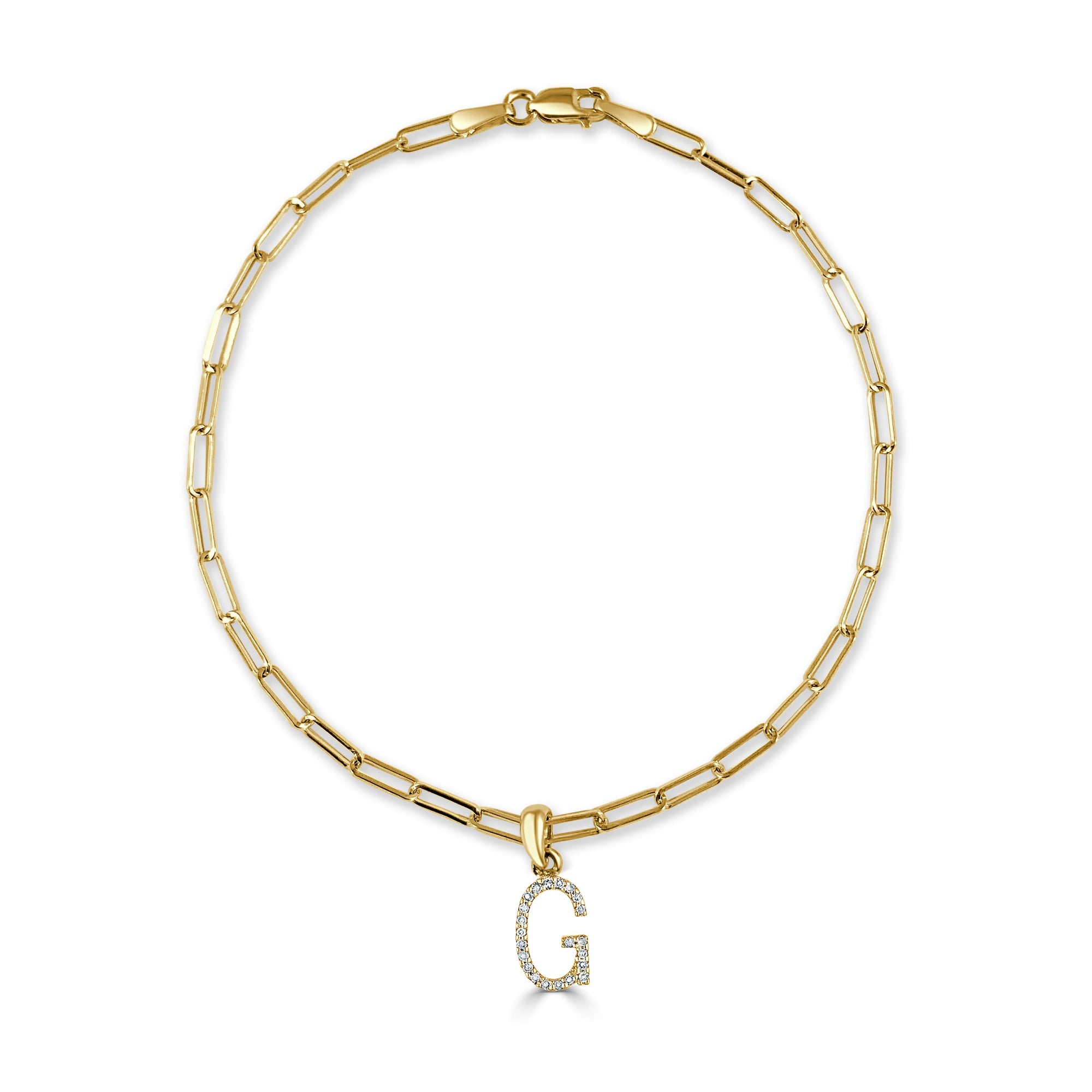 14K Gold Diamond Initial Paperclip Link Bracelet -G