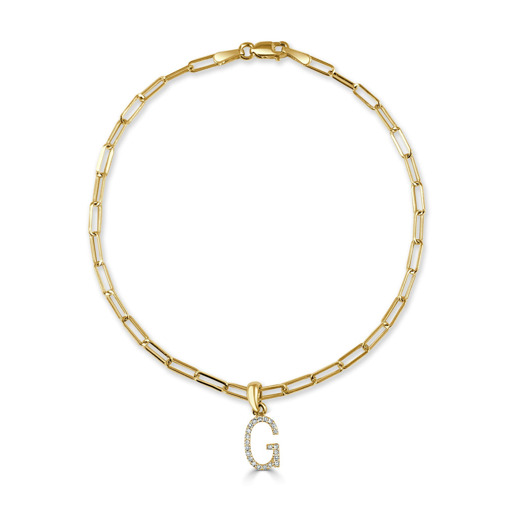 14K Gold Diamond Initial Paperclip Link Bracelet -G