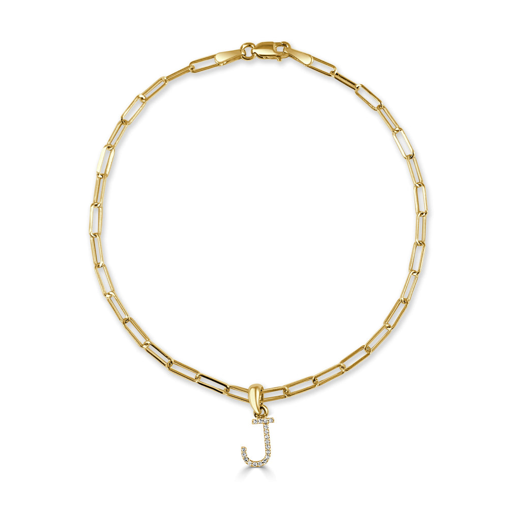 14K Gold Diamond Initial Paperclip Link Bracelet - J
