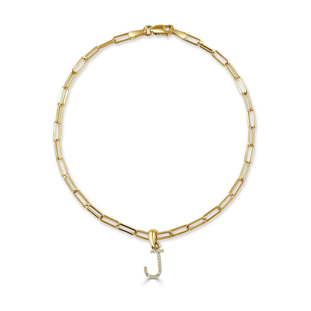 14K Gold Diamond Initial Paperclip Link Bracelet - J