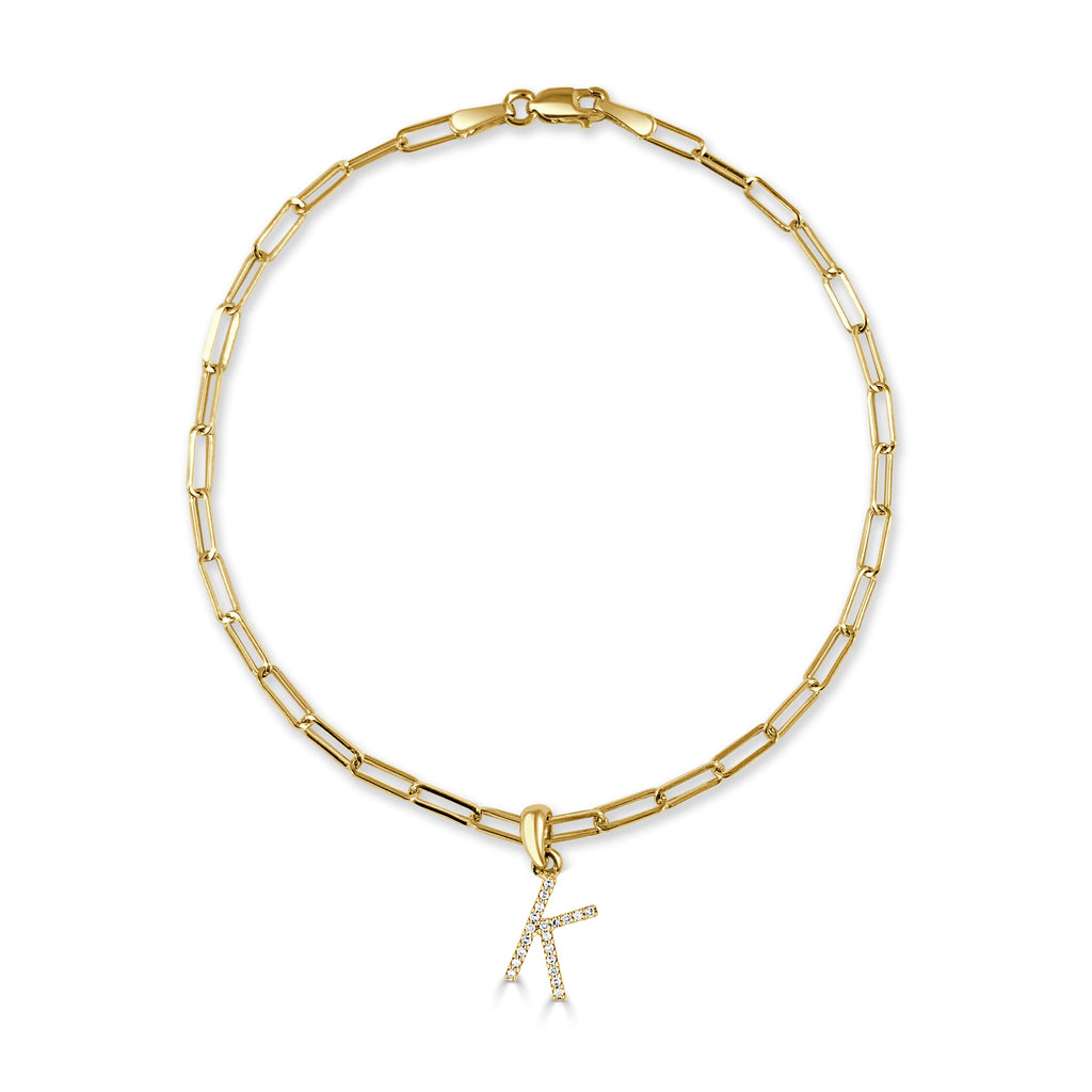 14K Gold Diamond Initial Paperclip Link Bracelet - K