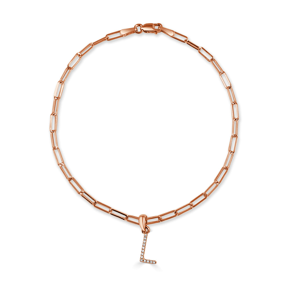 14K Gold Diamond Initial Paperclip Link Bracelet - L