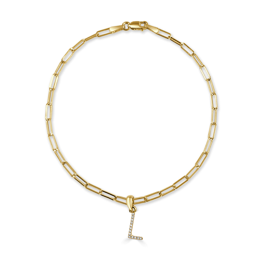 14K Gold Diamond Initial Paperclip Link Bracelet - L