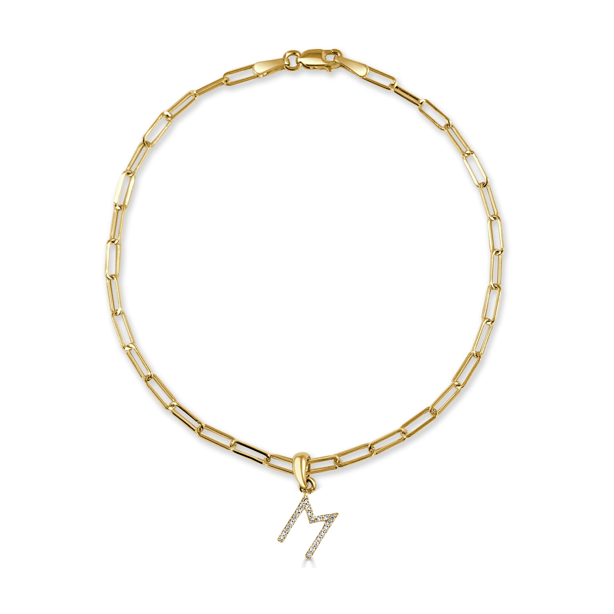 14K Gold Diamond Initial Paperclip Link Bracelet - M