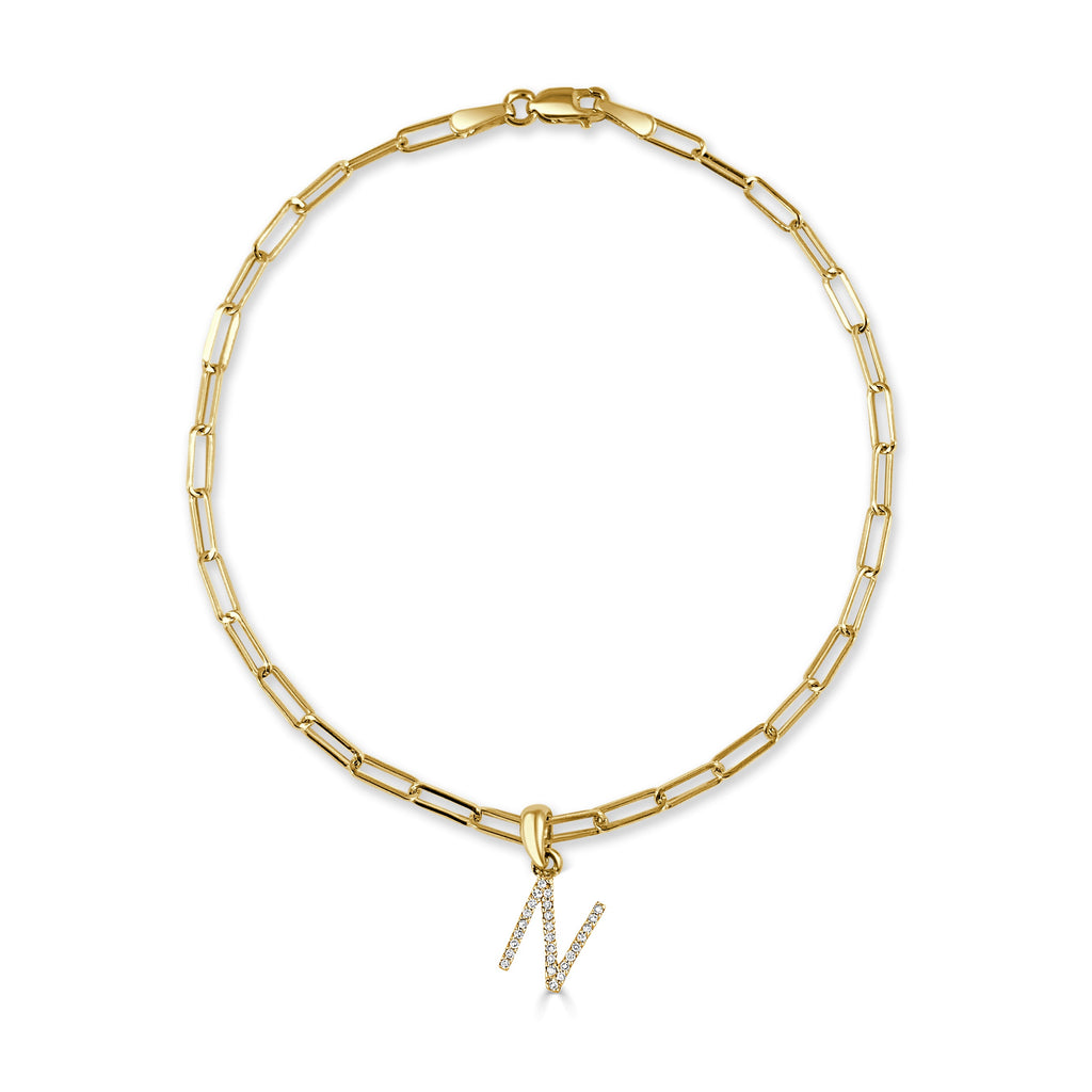 14K Gold Diamond Initial Paperclip Link Bracelet - N