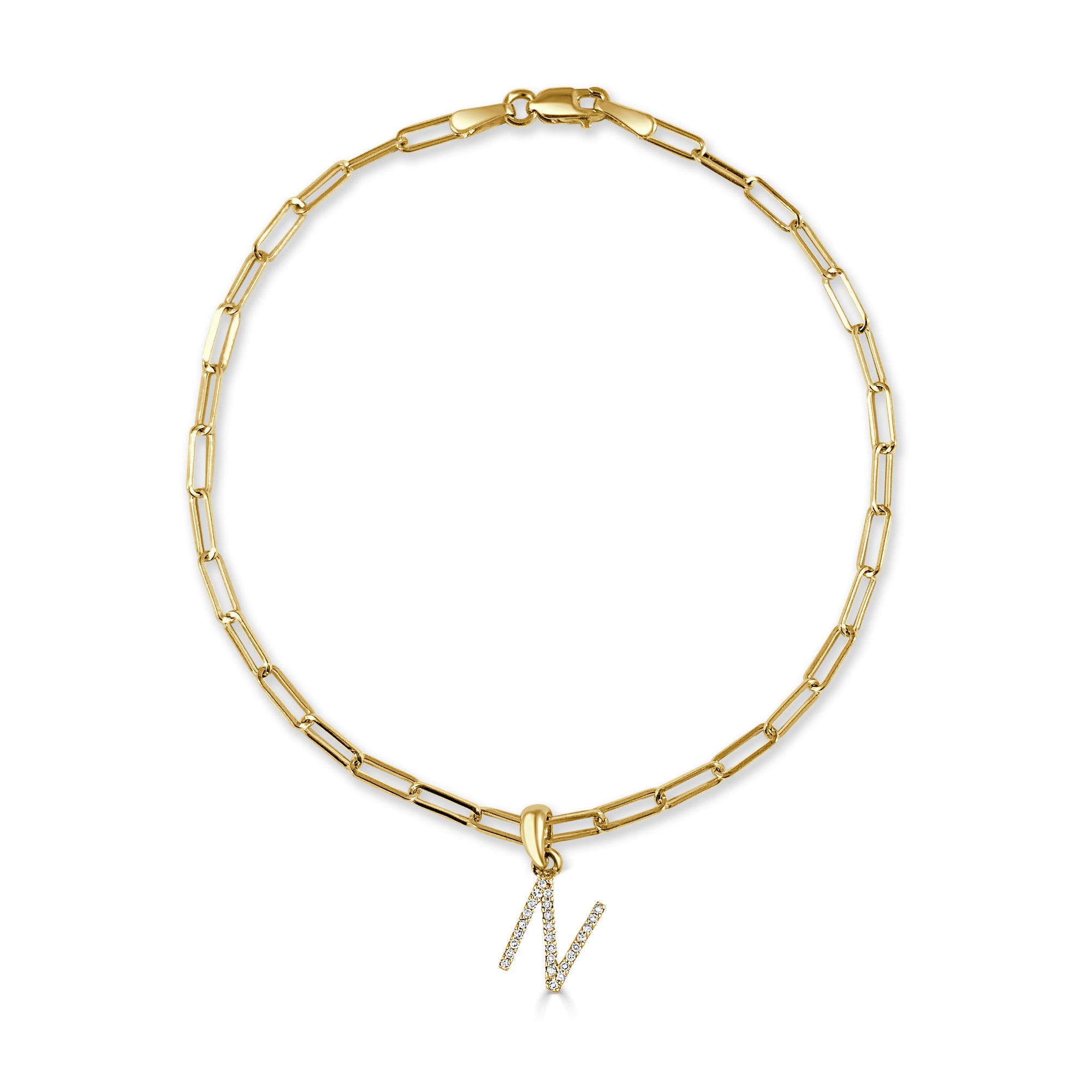 14K Gold Diamond Initial Paperclip Link Bracelet - N