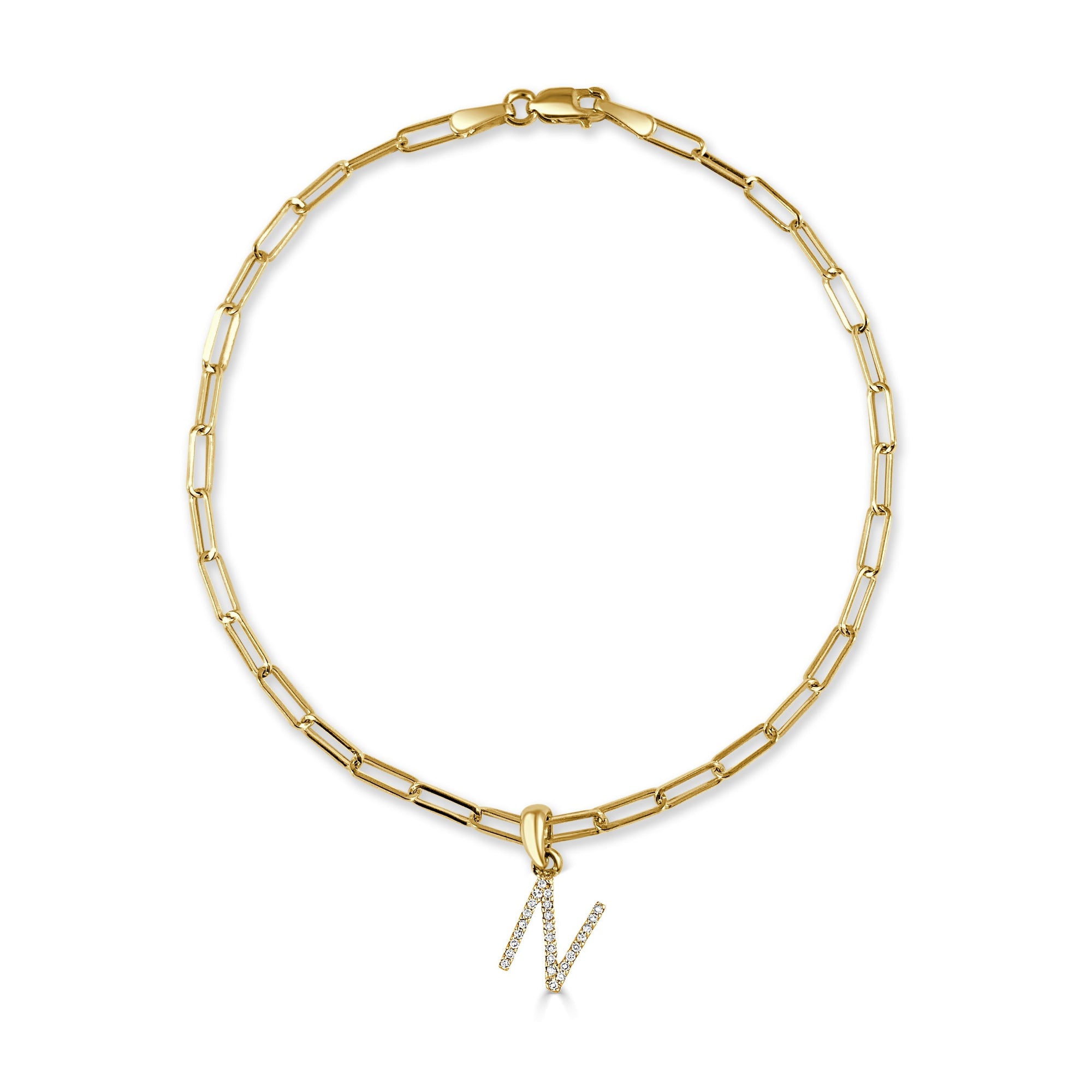 14K Gold Diamond Initial Paperclip Link Bracelet - N