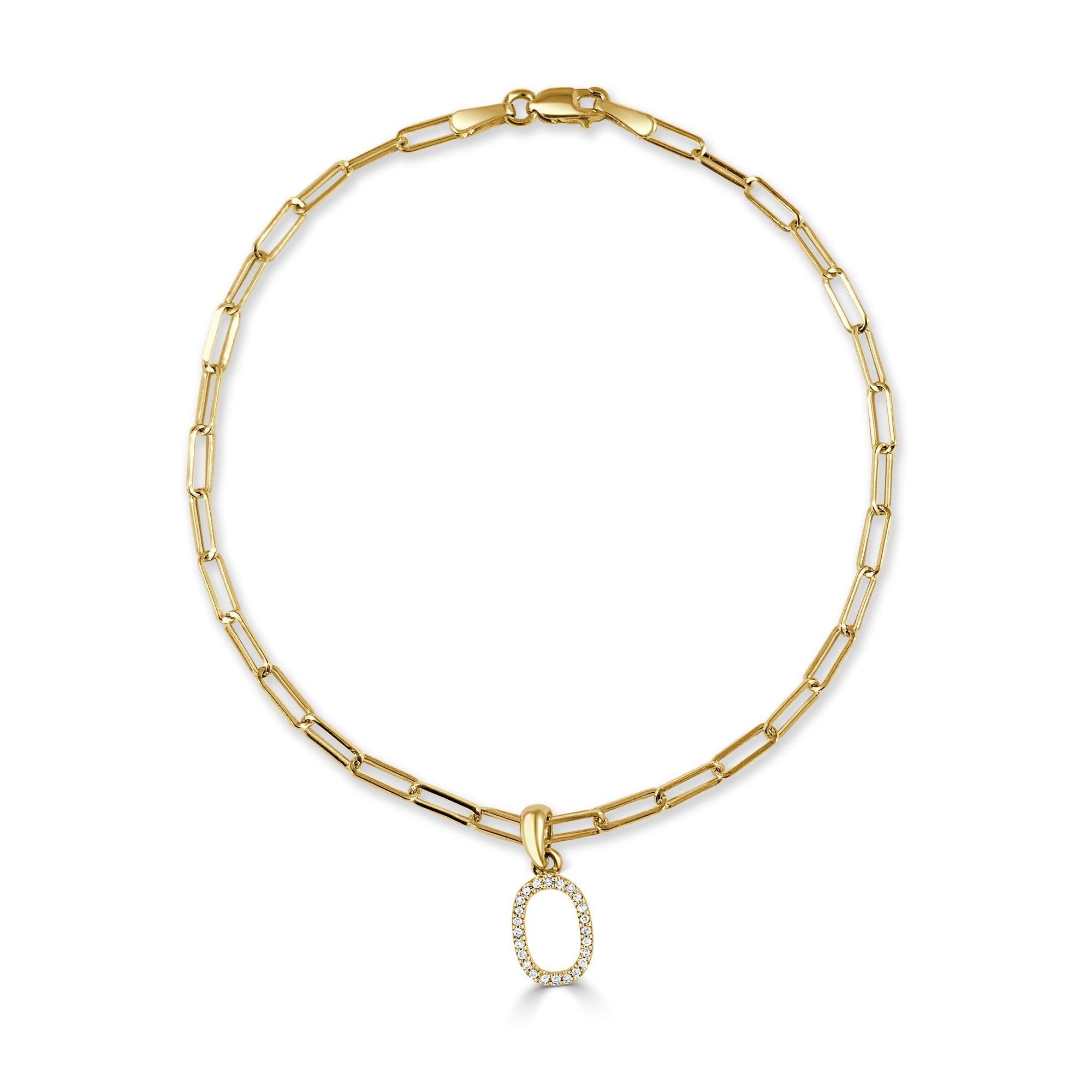 14K Gold Diamond Initial Paperclip Link Bracelet - O