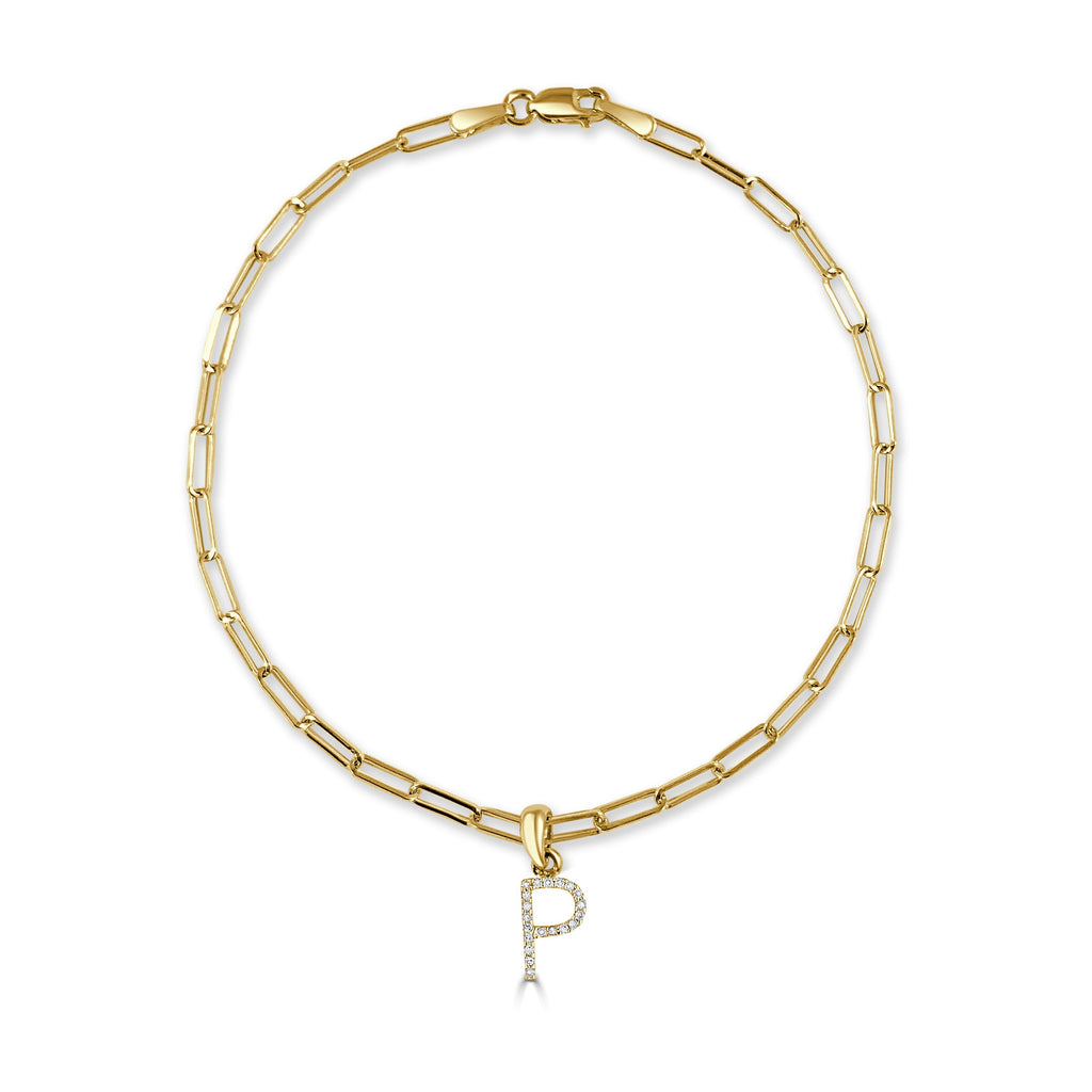 Diamond Initial Paperclip Link Bracelet, 14K