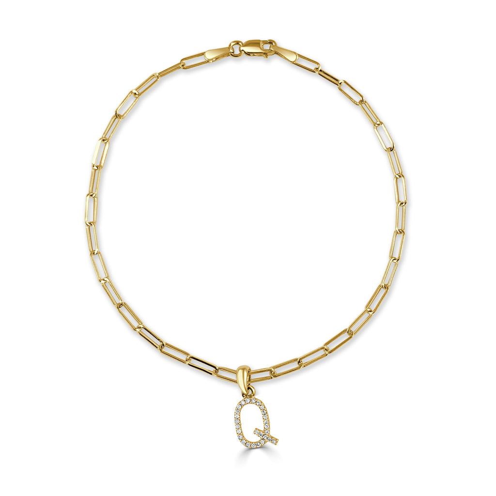 Diamond Initial Paperclip Link Bracelet, 14K