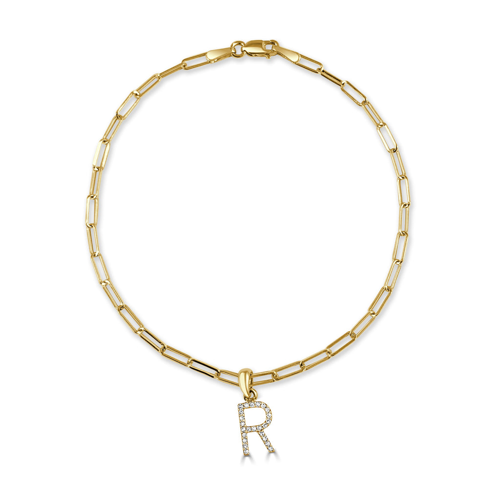 Diamond Initial Paperclip Link Bracelet, 14K