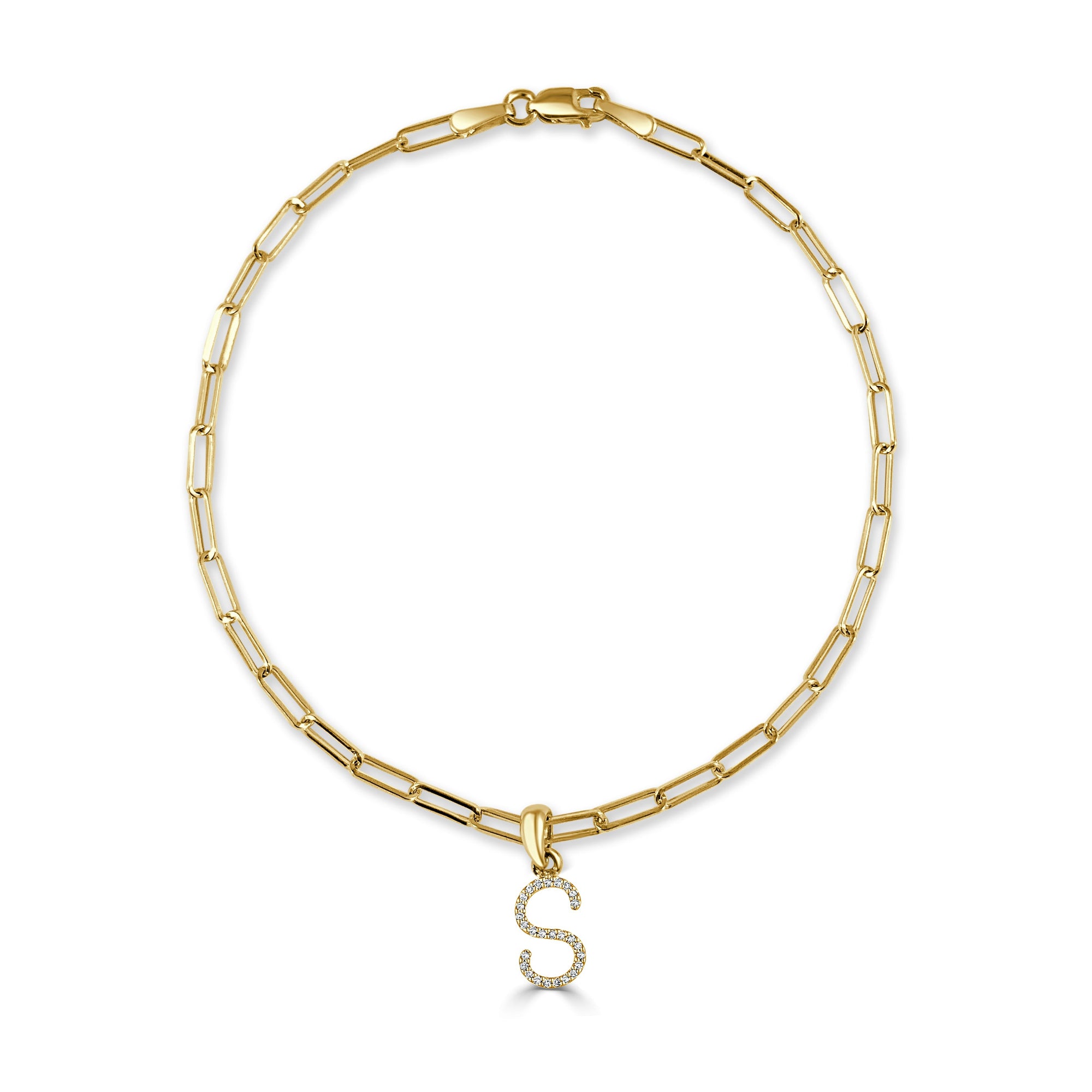 Diamond Initial Paperclip Link Bracelet, 14K