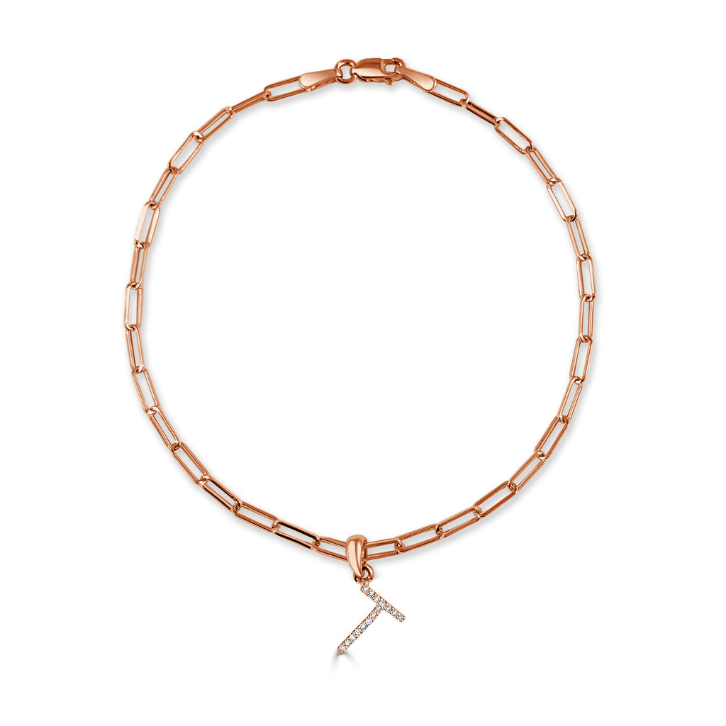 Diamond Initial Paperclip Link Bracelet, 14K
