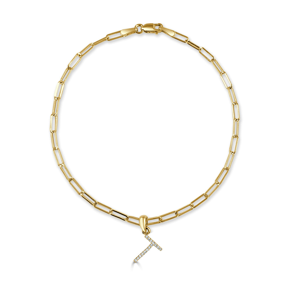 Diamond Initial Paperclip Link Bracelet, 14K