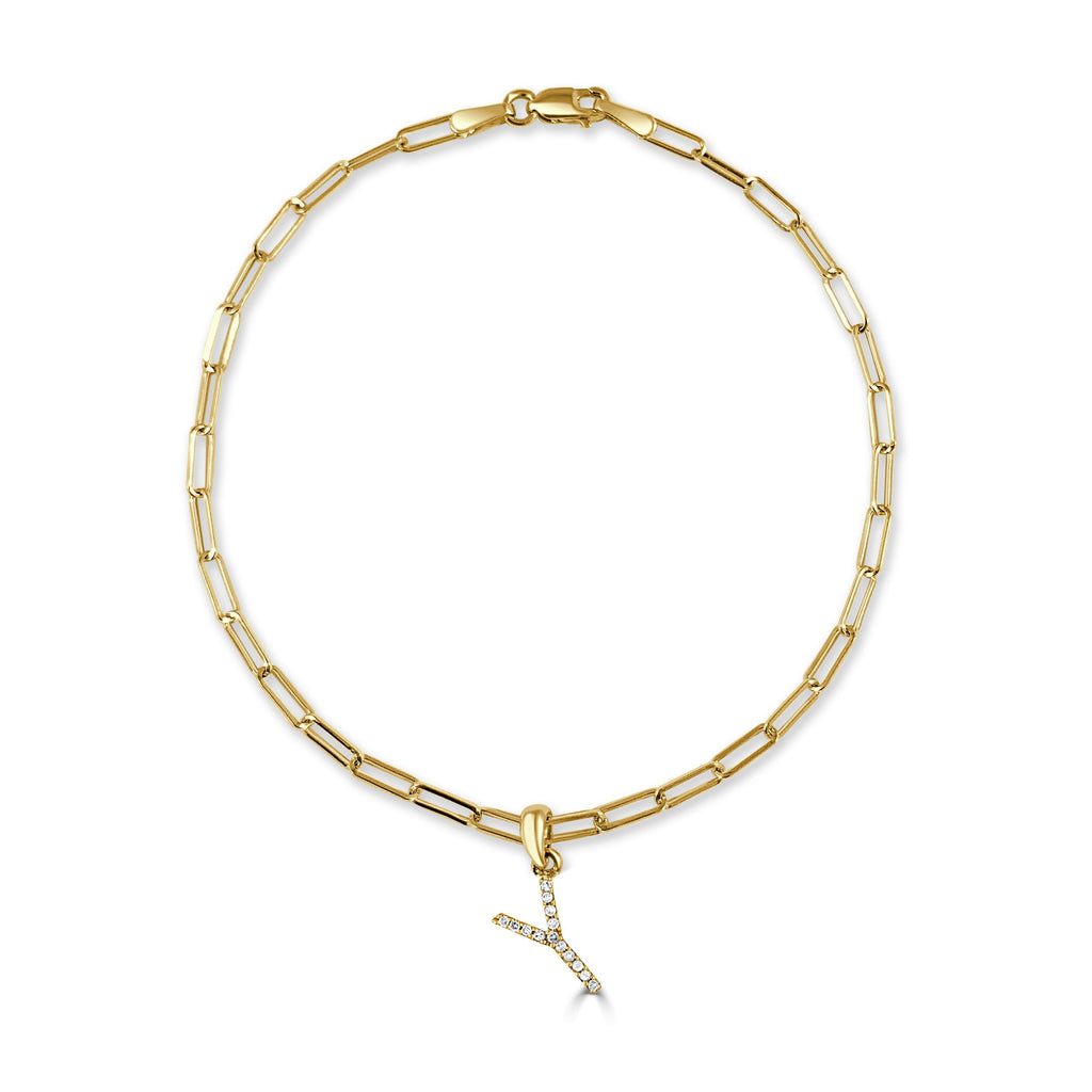 Diamond Initial Paperclip Link Bracelet, 14K