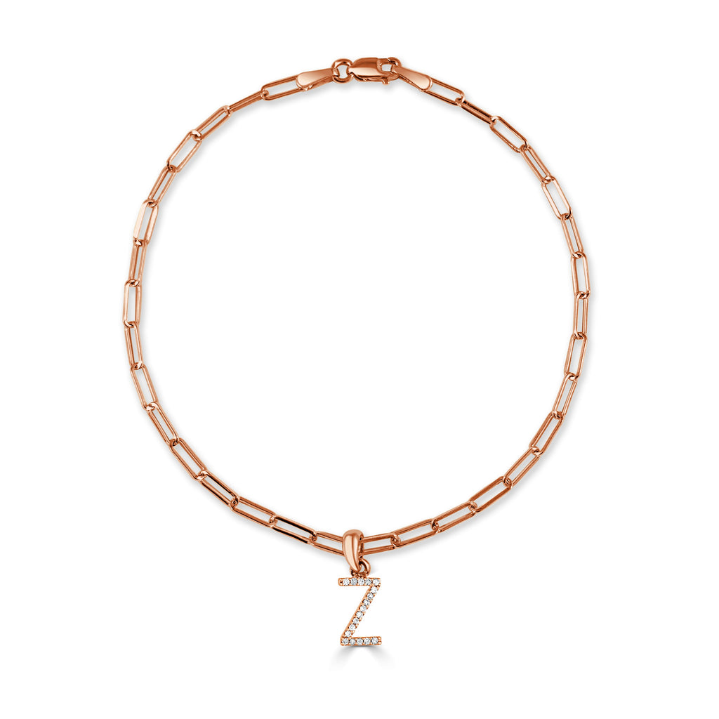 Diamond Initial Paperclip Link Bracelet, 14K