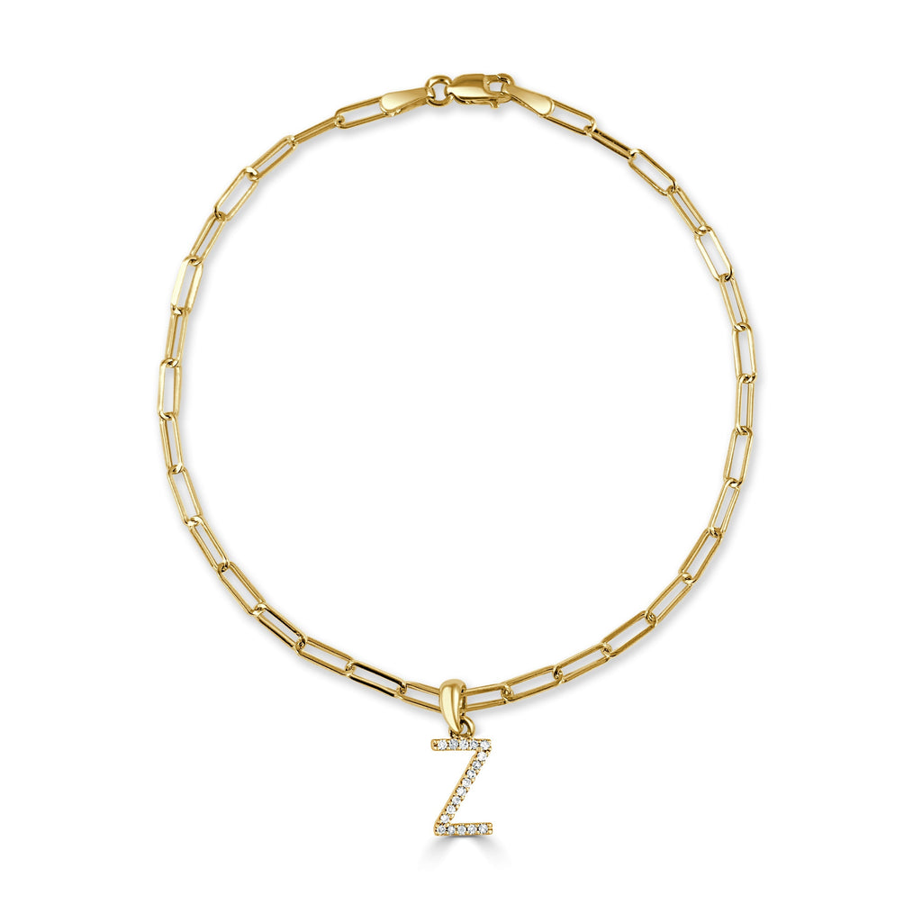Diamond Initial Paperclip Link Bracelet, 14K