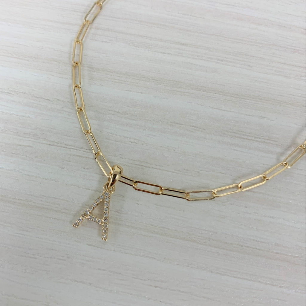 Diamond Initial Paperclip Link Bracelet, 14K