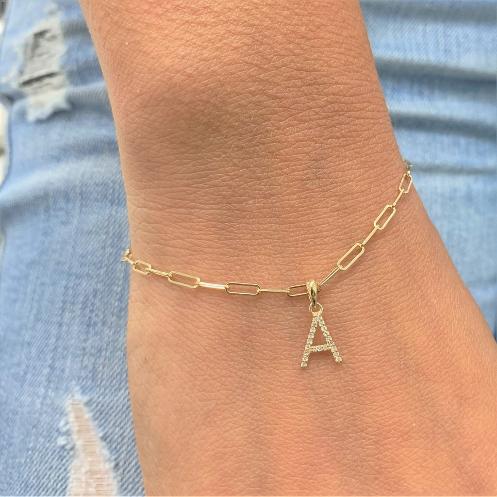 Diamond Initial Paperclip Link Bracelet, 14K