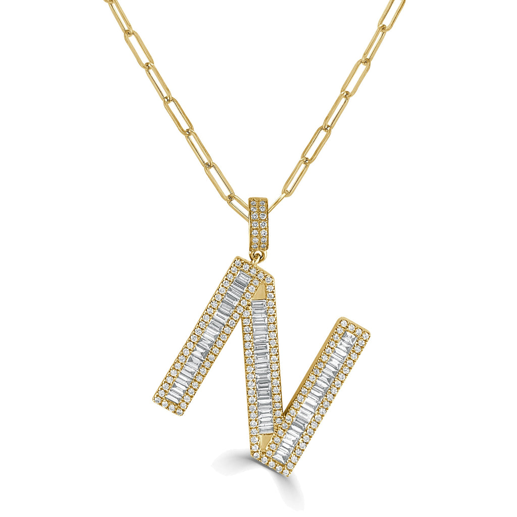 14K Gold & Baguette Diamond Large Initial Pendant - Yellow