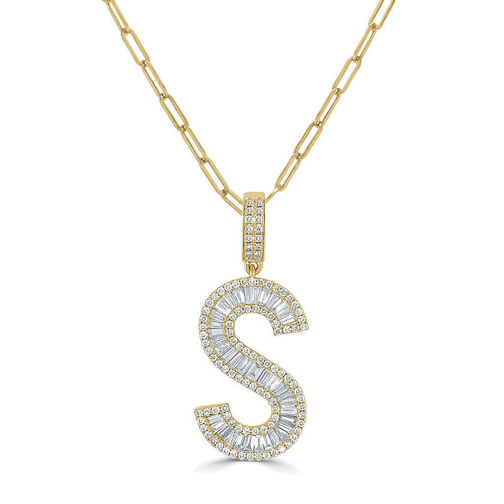 14K Gold & Baguette Diamond Large Initial Pendant - Yellow