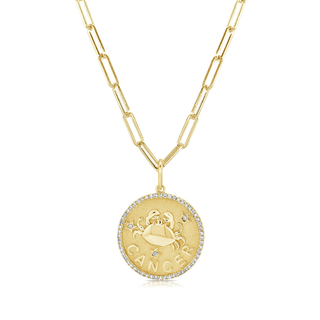 14K Gold Diamond Zodiac Cancer Charm Necklace - Yellow