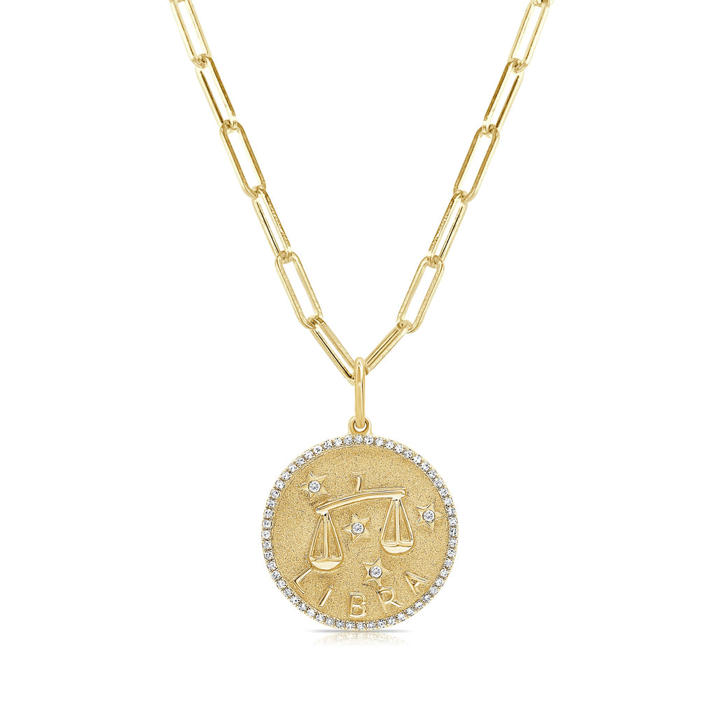 14K Gold Diamond Zodiac Libra Charm Necklace - Yellow