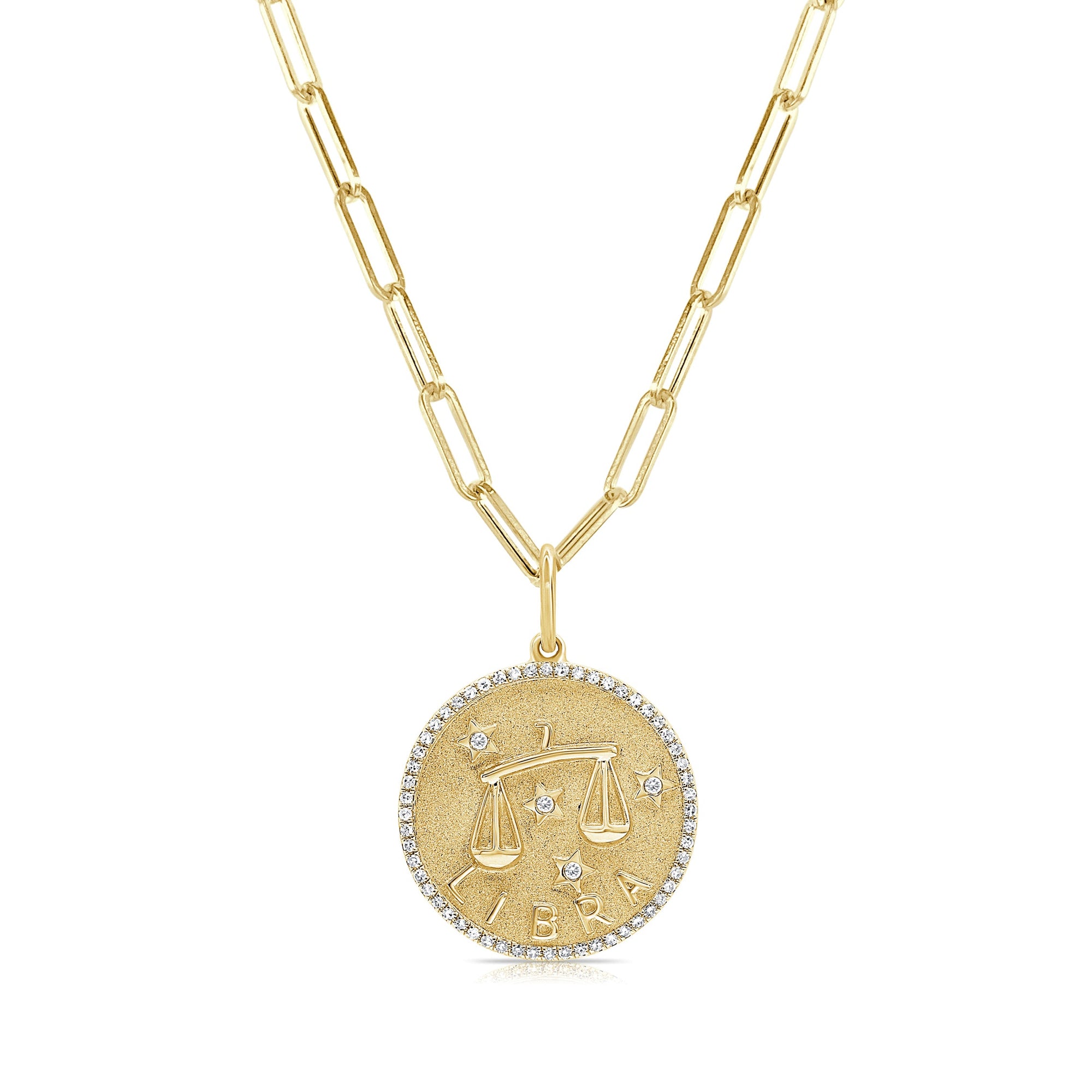 14K Gold Diamond Zodiac Libra Charm Necklace - Yellow