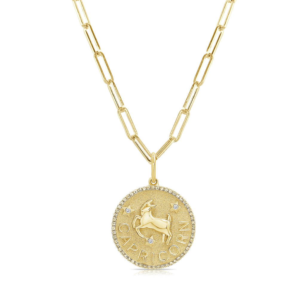 14K Gold Diamond Zodiac Capricorn Charm Necklace - Yellow