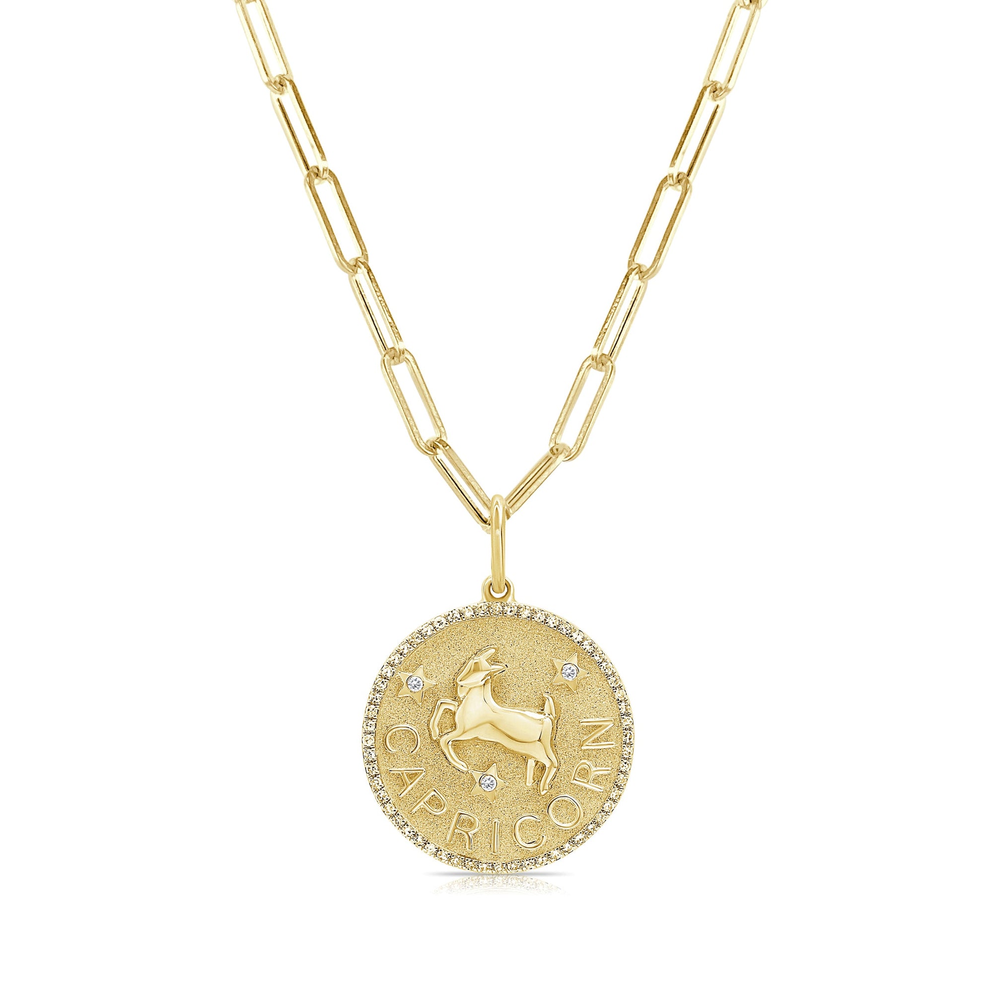 14K Gold Diamond Zodiac Capricorn Charm Necklace - Yellow
